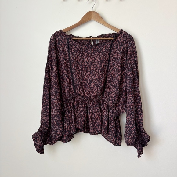 Anthropologie Nichola Peplum Blouse Medium Peasant Black Brown Floral - Picture 2 of 12
